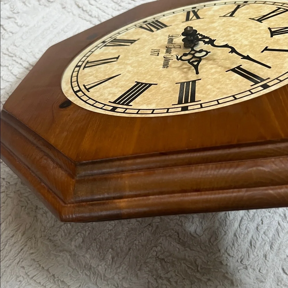 Vintage 1979 wooden octagon wall clock,Daniel Isaac Thomas scroll Roman numerals